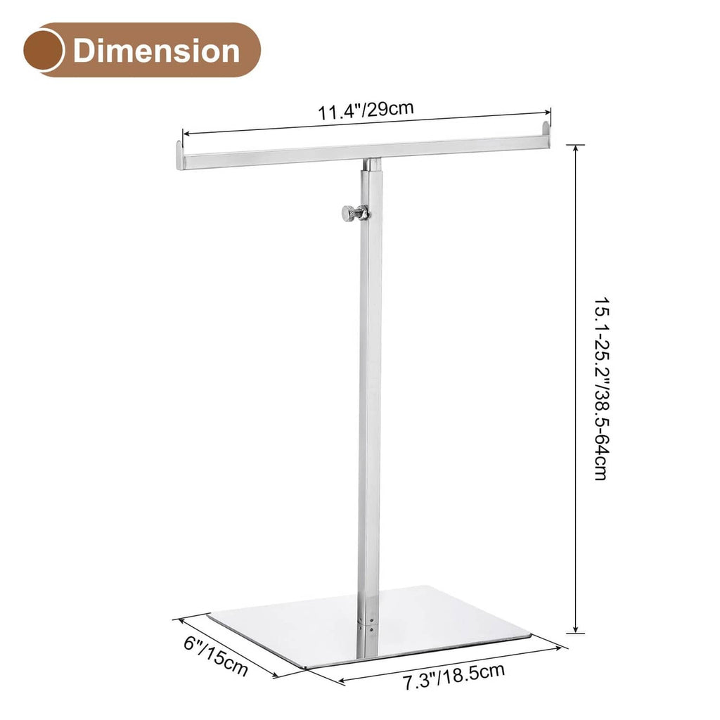 Adjustable-height T-shaped metal purse rack with flat square base, silver
