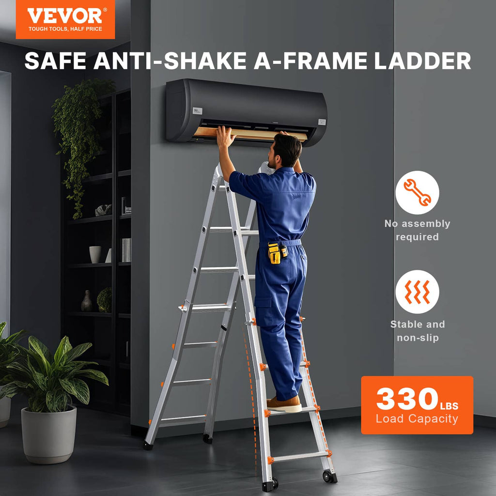 Gray A-frame ladder with orange rung accents, extended for overhead access