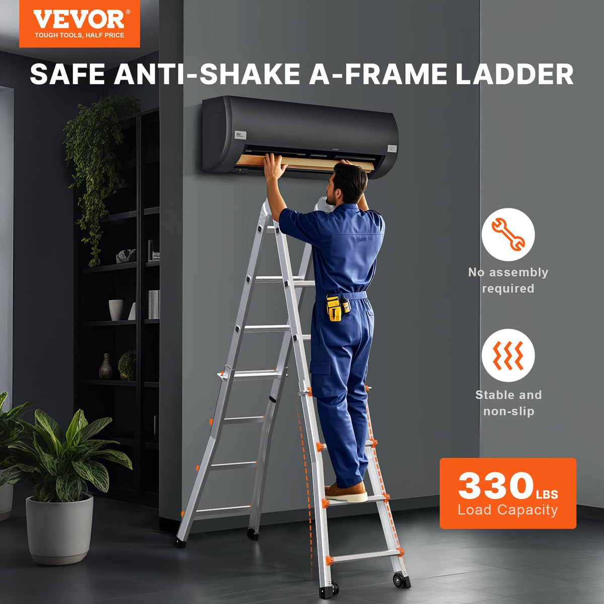 Gray A-frame ladder with orange rung accents, extended for overhead access