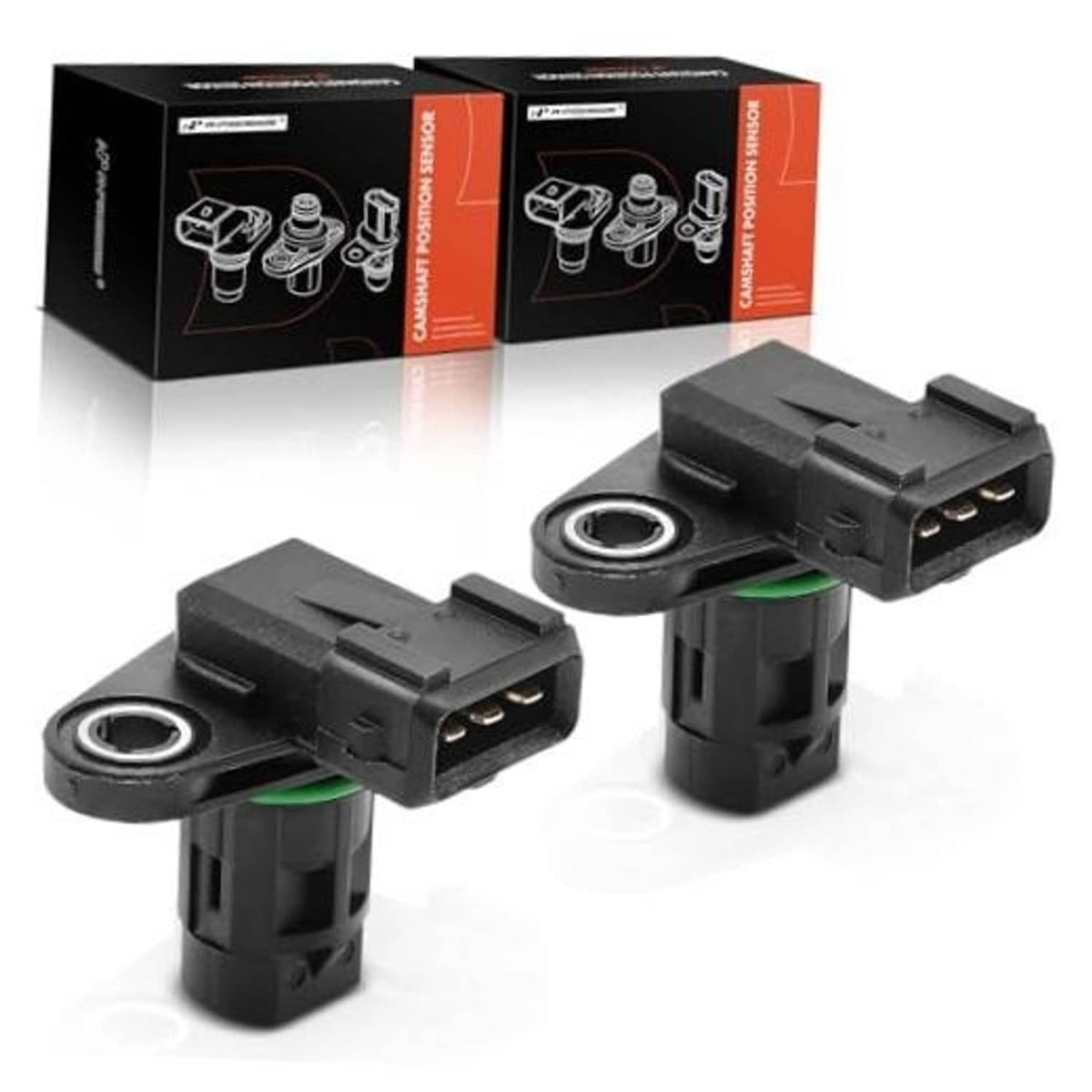 Engine camshaft position sensor pair with black body and green O-ring, 3-pin connector