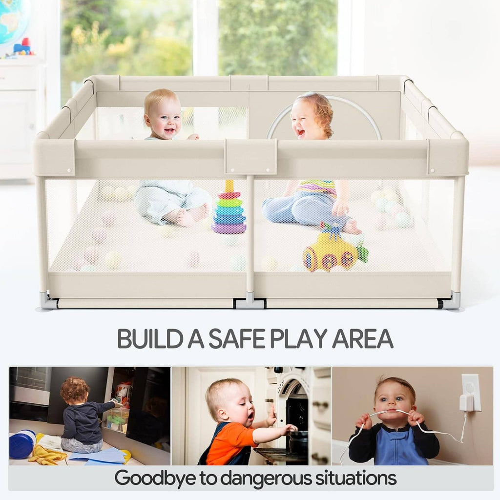 Beige baby playpen with mesh panels and padded base filled with pastel balls for play