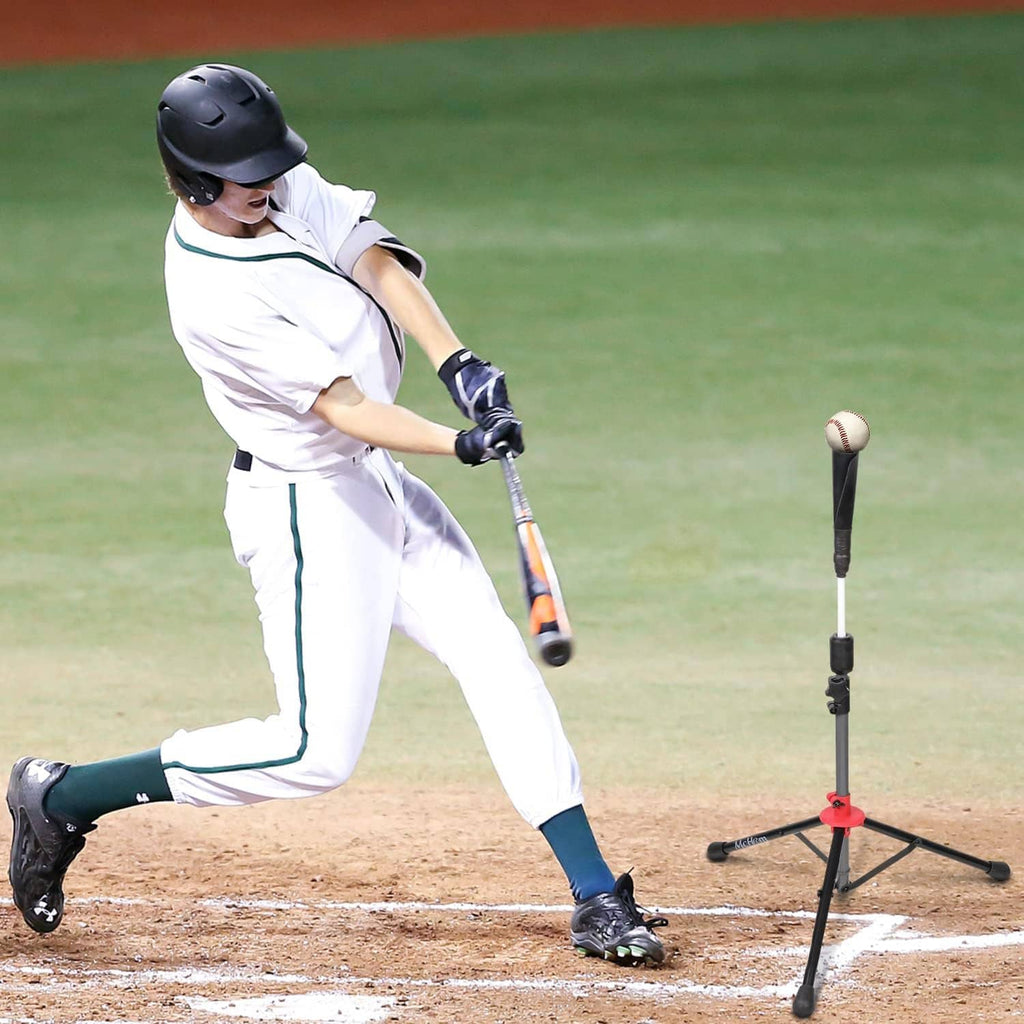 Baseball batting tee with black shaft and red base during a player swing stance