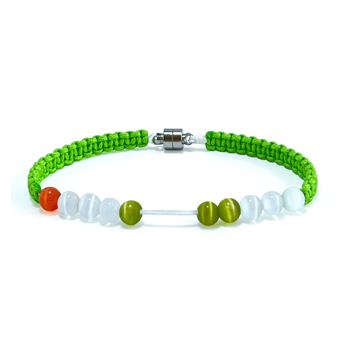 Close-up of green beaded golf stroke bracelet with silver magnetic clasp