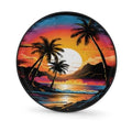RV spare tire cover with tropical palm sunset print and black circular trim