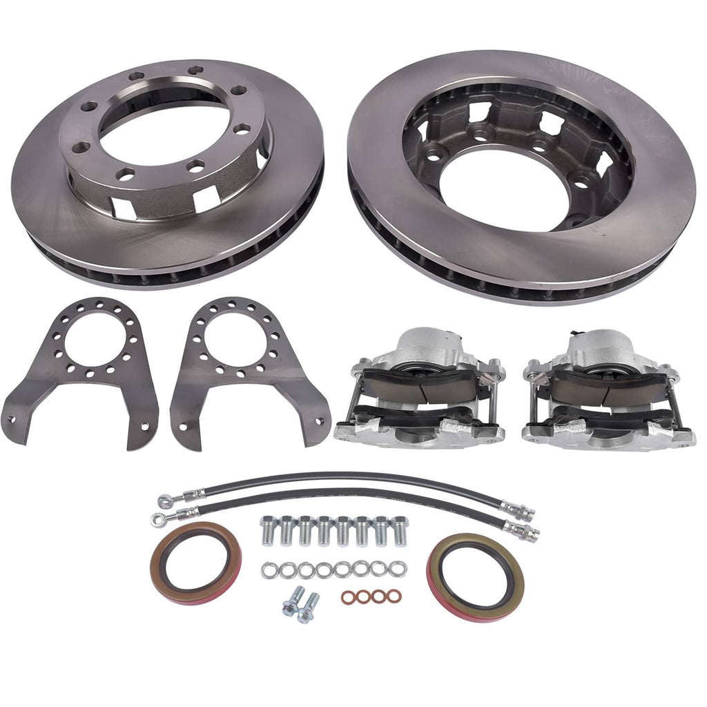 Disc brake conversion kit with two brake rotors, brackets, calipers, and hardware pieces