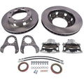 Disc brake conversion kit with two brake rotors, brackets, calipers, and hardware pieces