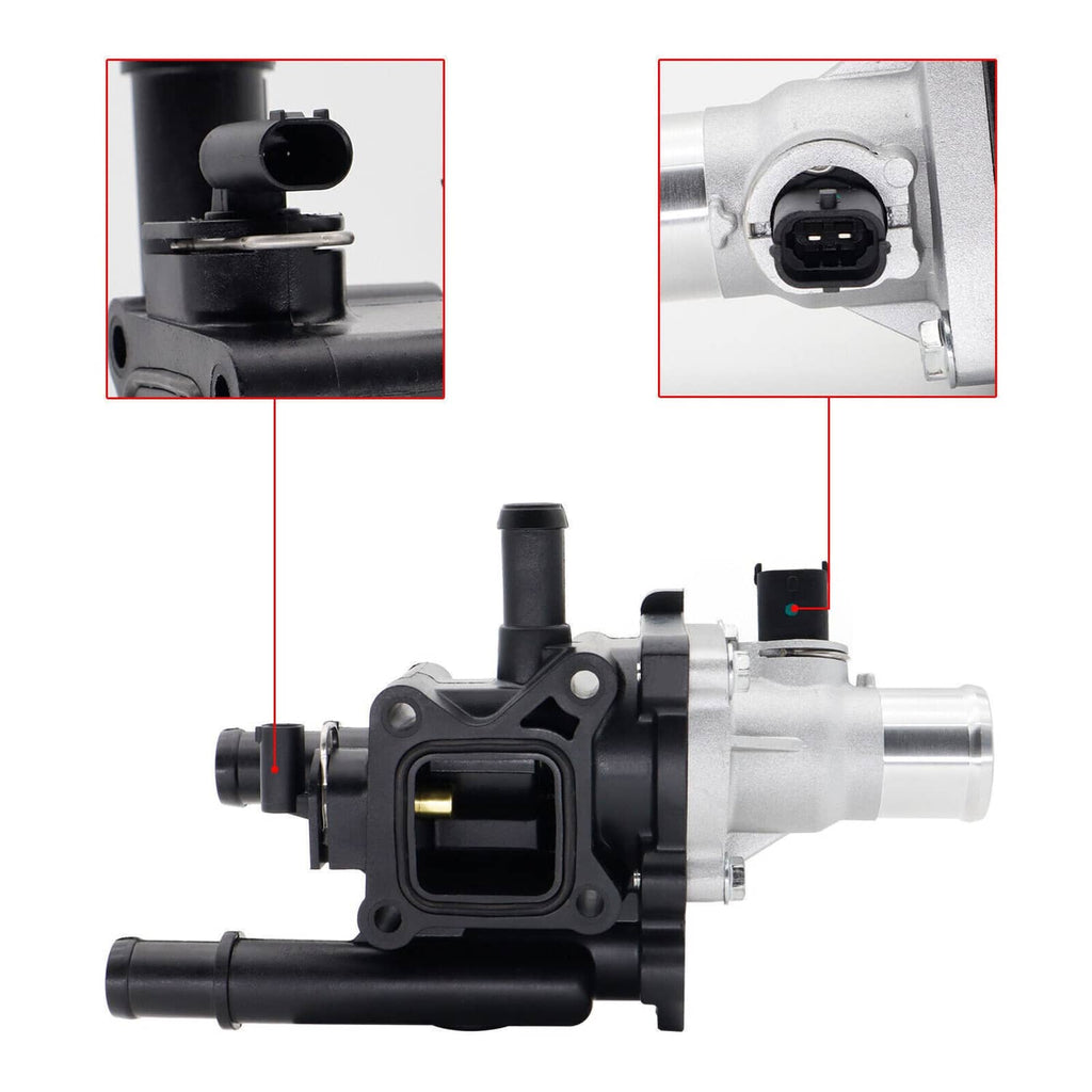 Thermostat water outlet assembly, side view with sensor connector ports