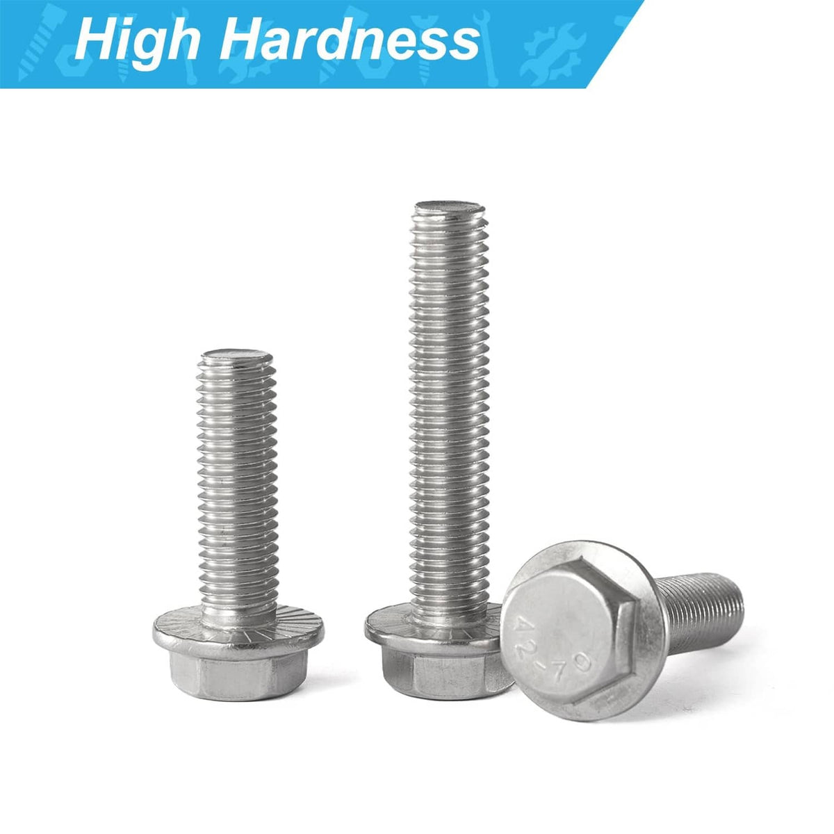 Two silver flanged hex head bolts with full threads and round flange bases