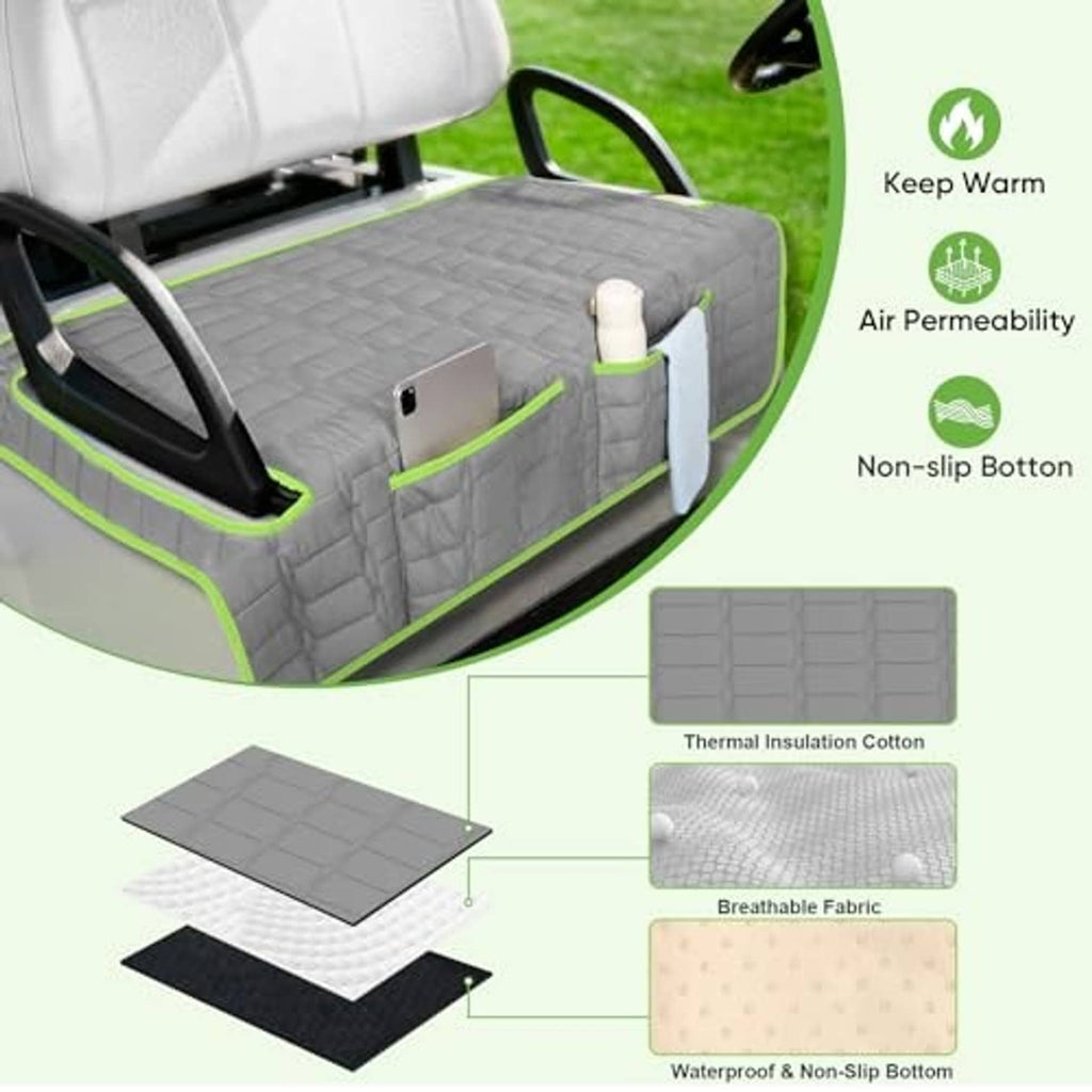 Gray quilted golf cart seat cover with green piping, pocket, and non-slip bottom
