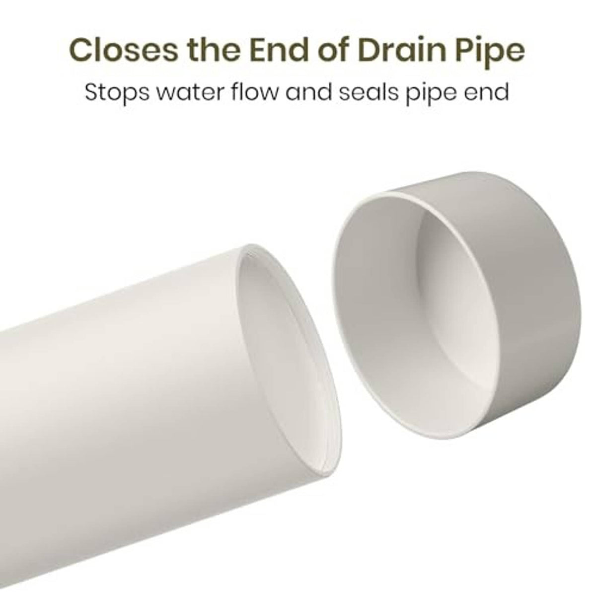 PVC drain pipe cap set, one end-facing and one side view, light gray