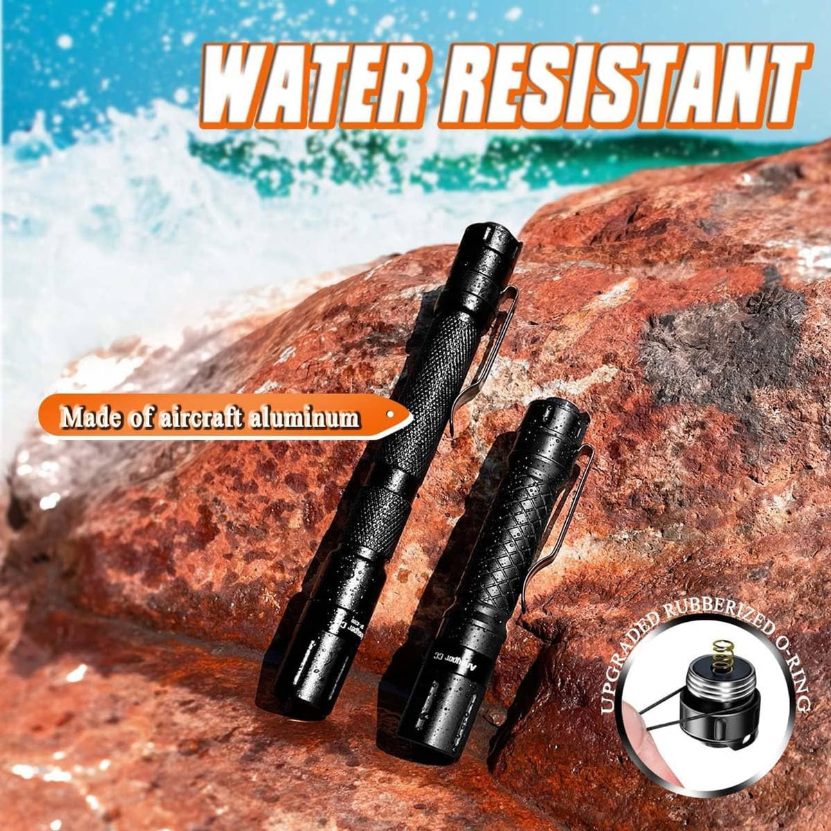 Black mini LED flashlight pen pair with textured grip on rugged surface, water-resistant design.