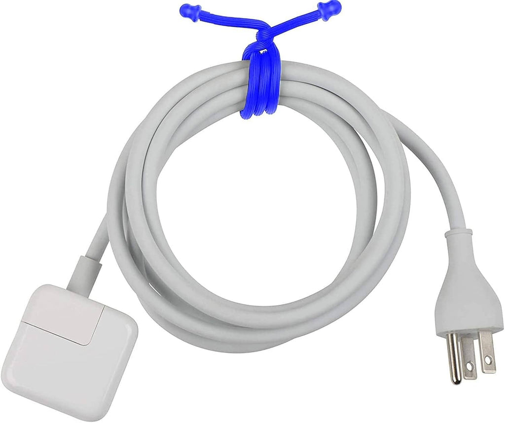 Blue silicone twist tie fastening bundled gray cords together