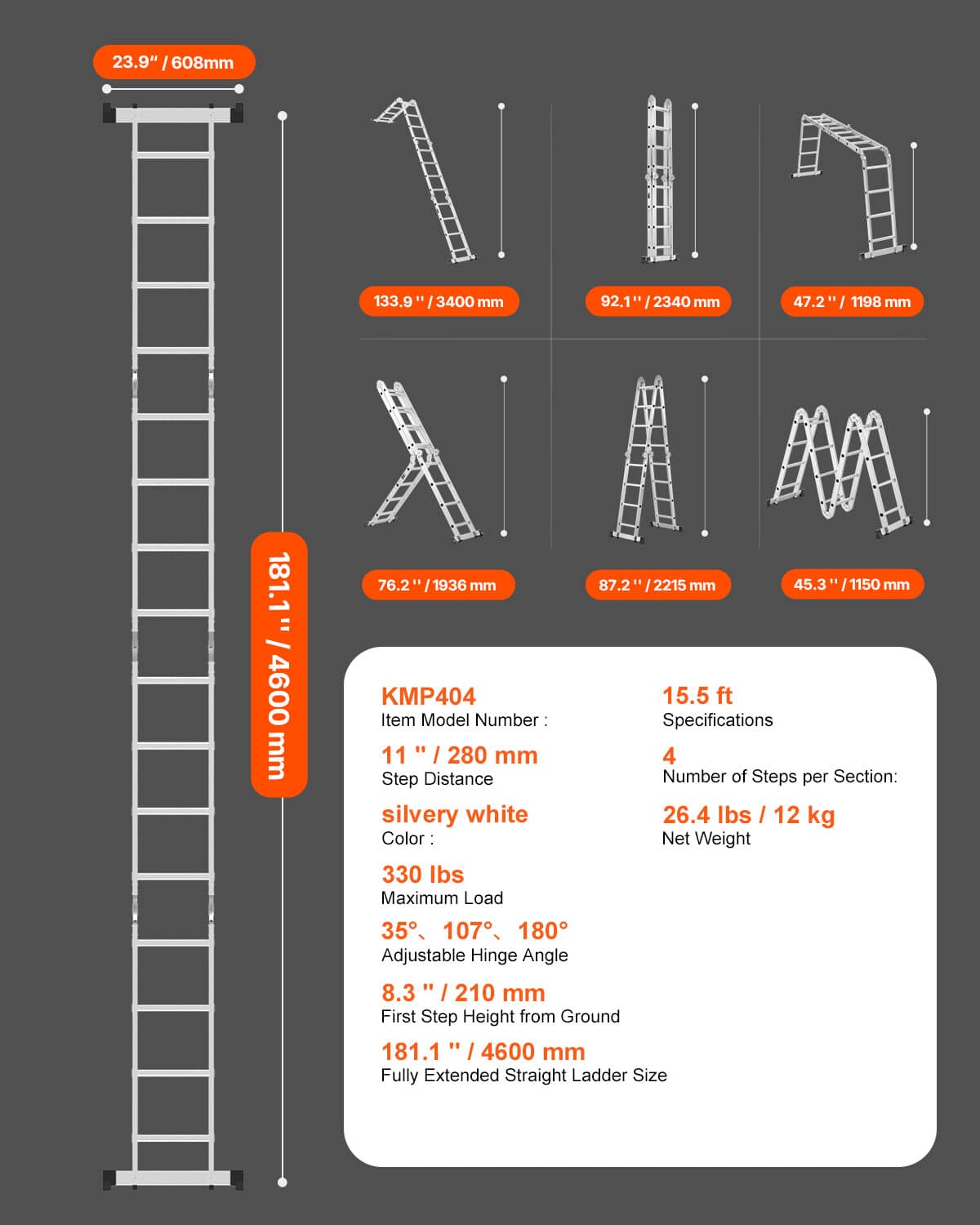 Folding ladder multiple positions with height and reach measurement diagram, white ladder