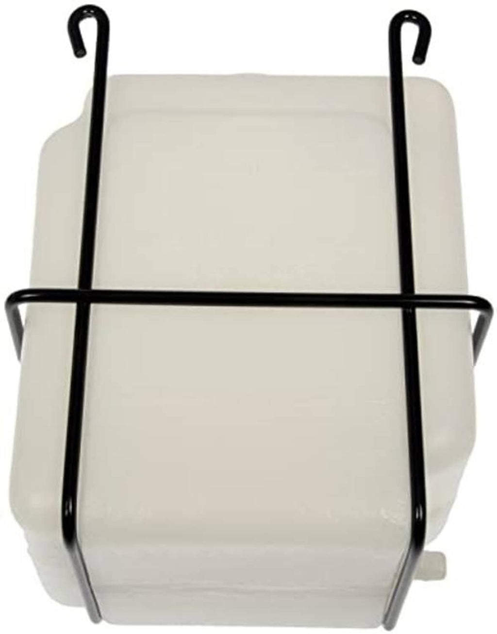 Engine coolant recovery tank with black rear mounting bracket and side hooks