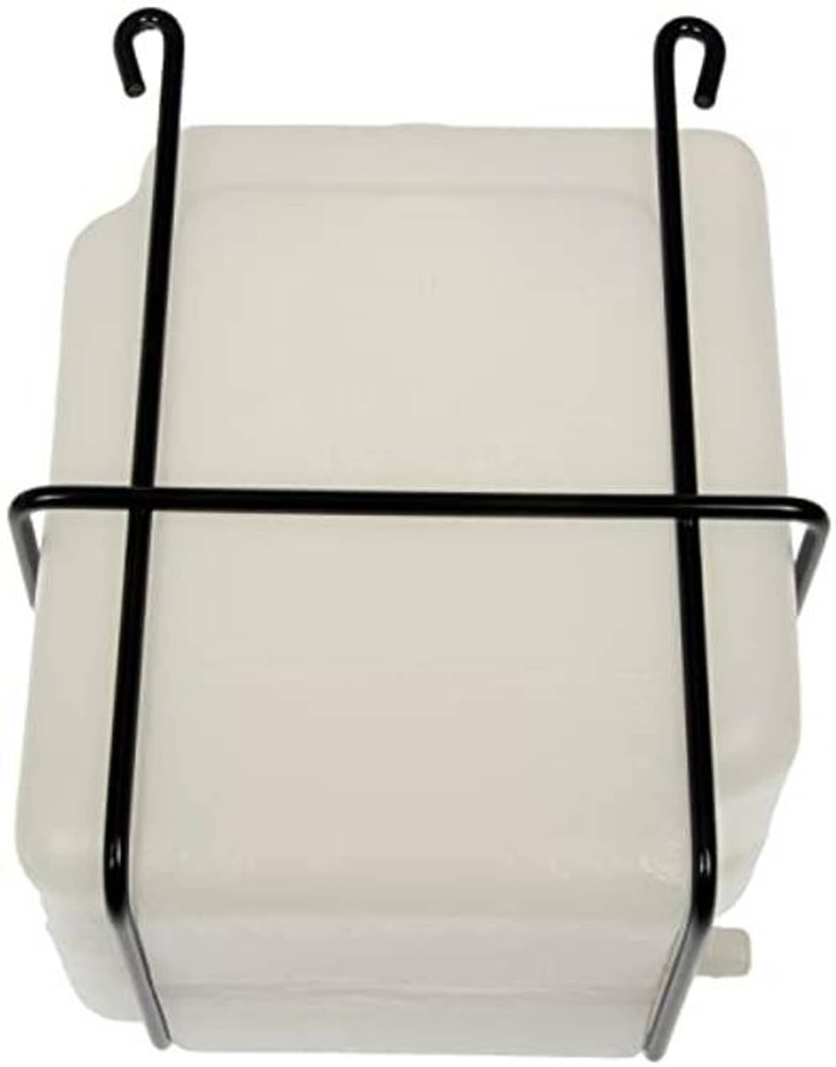 Engine coolant recovery tank with black rear mounting bracket and side hooks