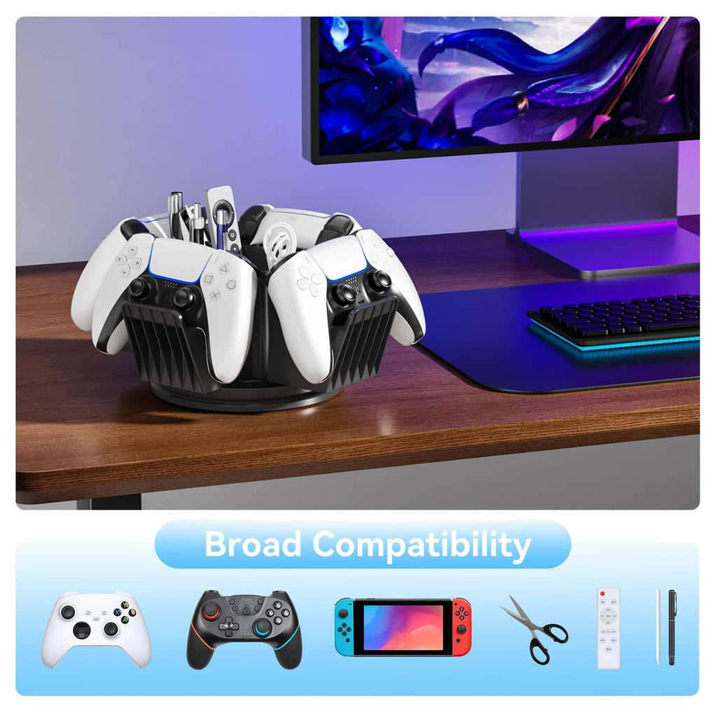 Black desk controller organizer with controller holders and pens beside a keyboard