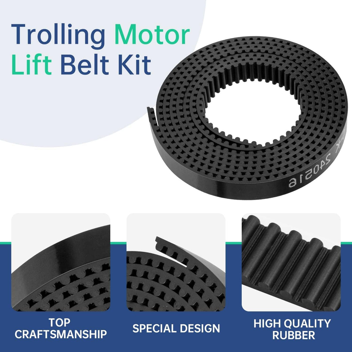 Black perforated trolling motor lift belt kit ring with close-up belt sections