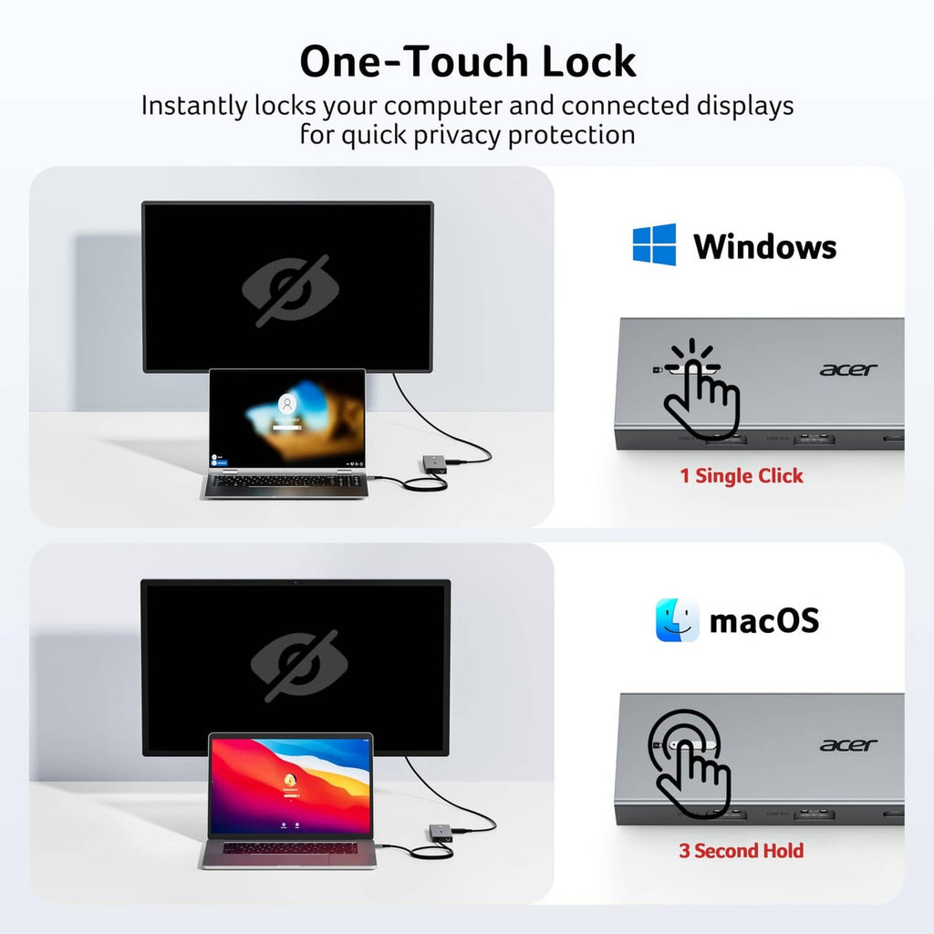 USB-C docking station with one-touch lock for connected displays privacy