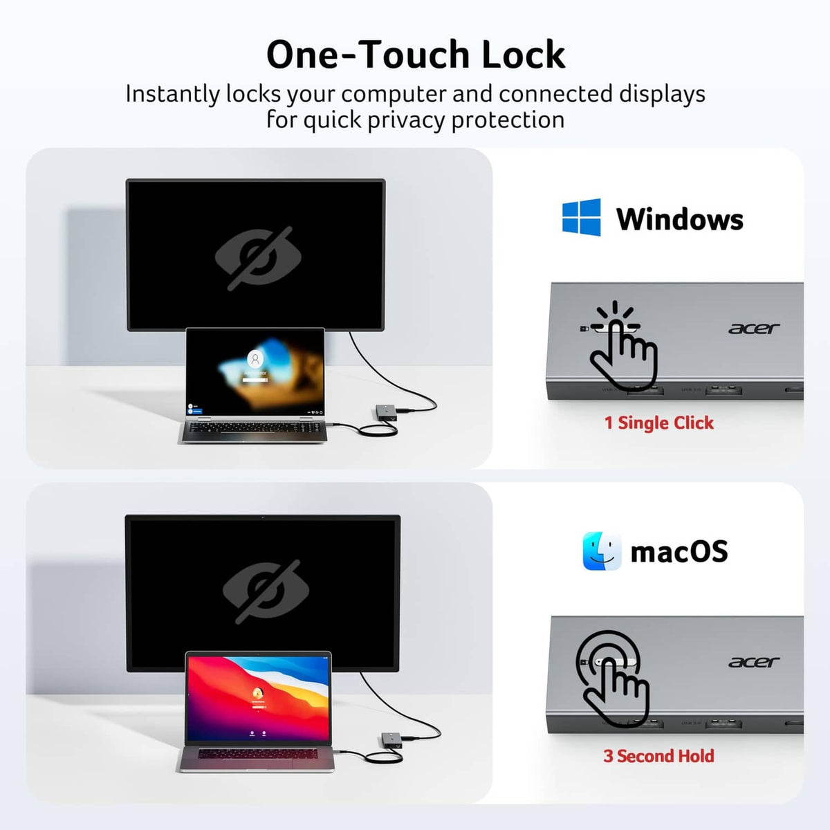 USB-C docking station with one-touch lock for connected displays privacy