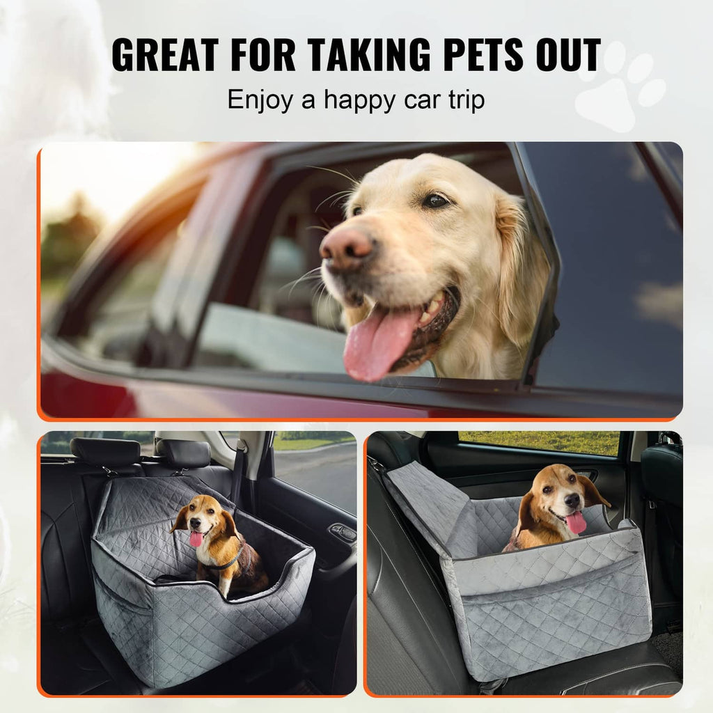 Gray dog booster car seat with dog sitting inside on car ride