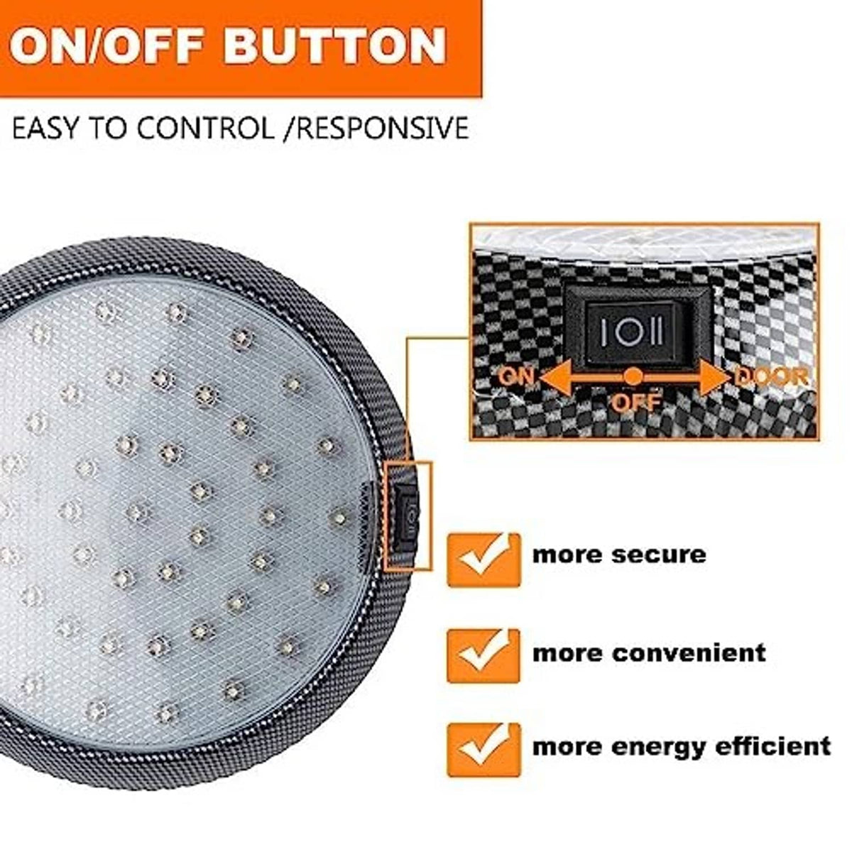 Black round LED dome light with clear lens and built-in on/off switch
