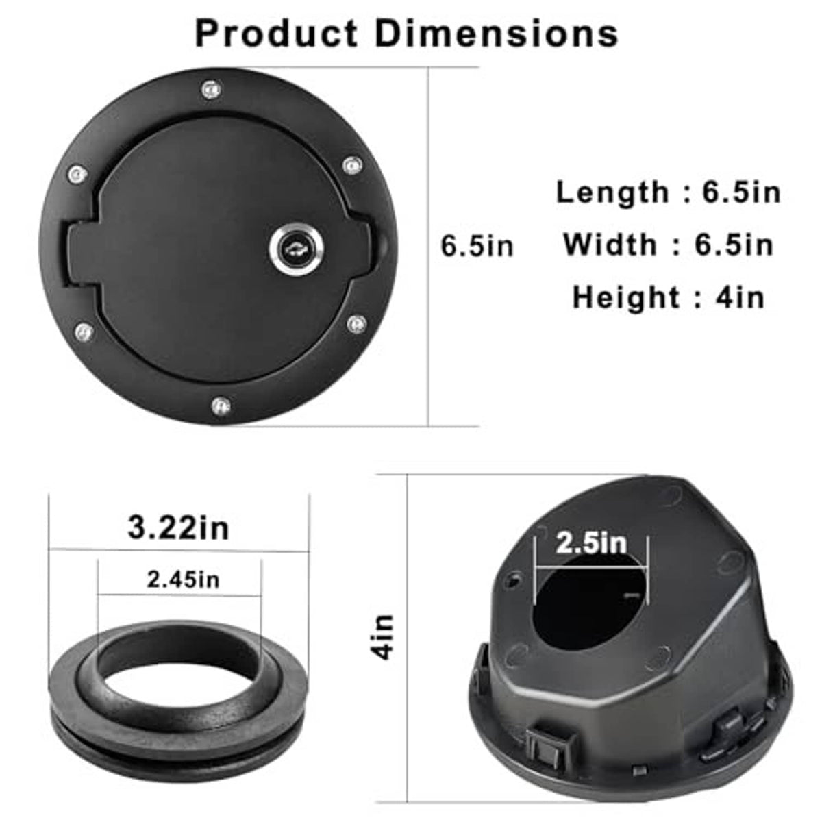 Locking black fuel filler door and ring shown with product dimensions