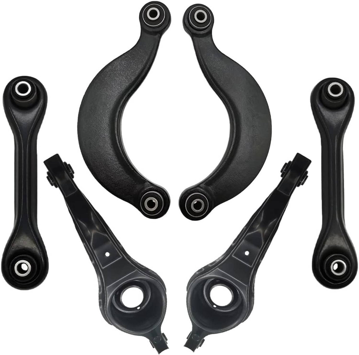 Suspension control arm set with black curved arms and rubber bushings