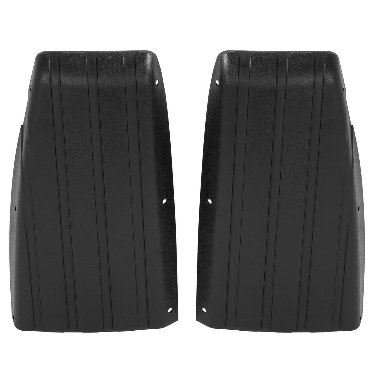 Two black scuff guard panels with vertical ridges and rivet openings