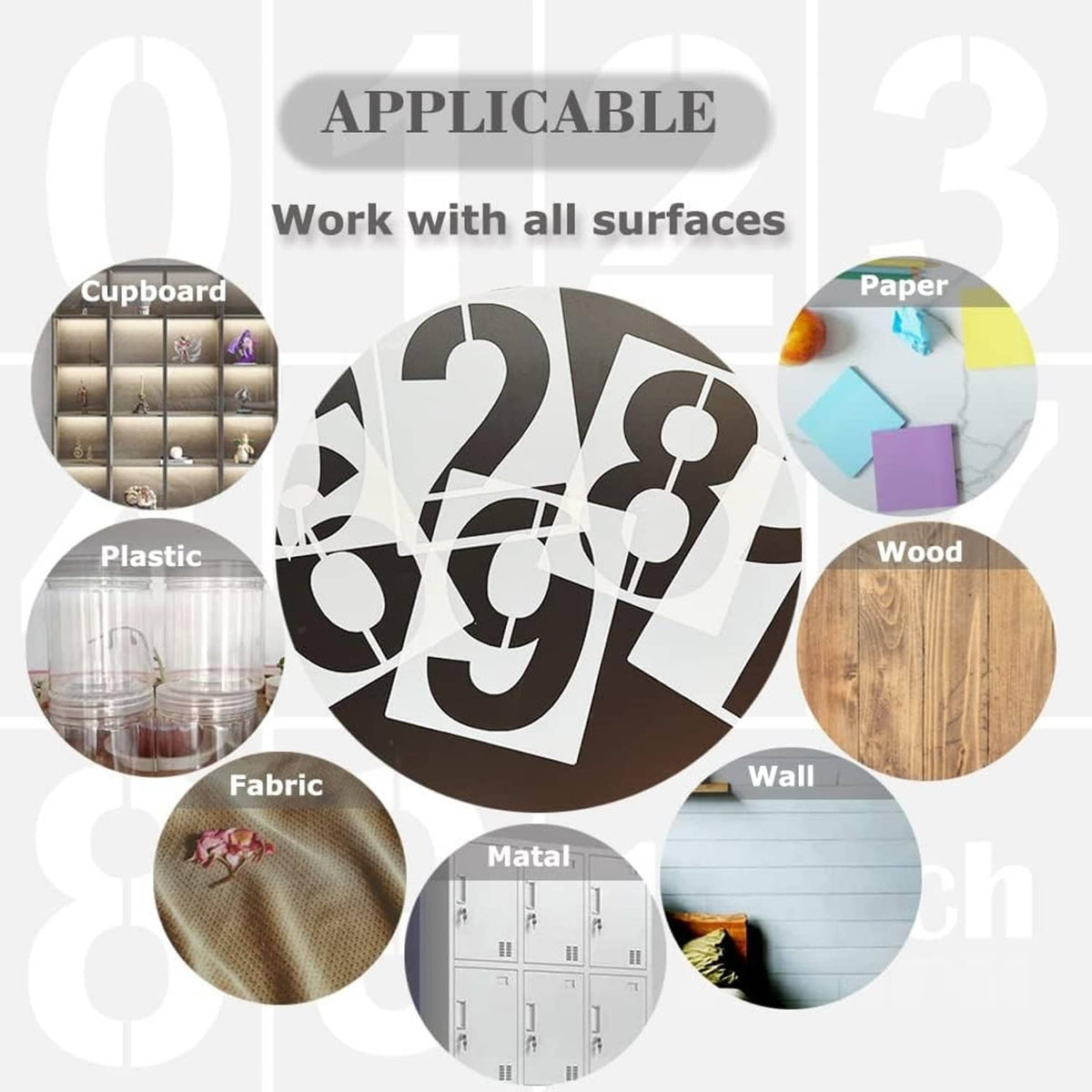 Number stencil set with bold digits and icons for use on multiple surfaces