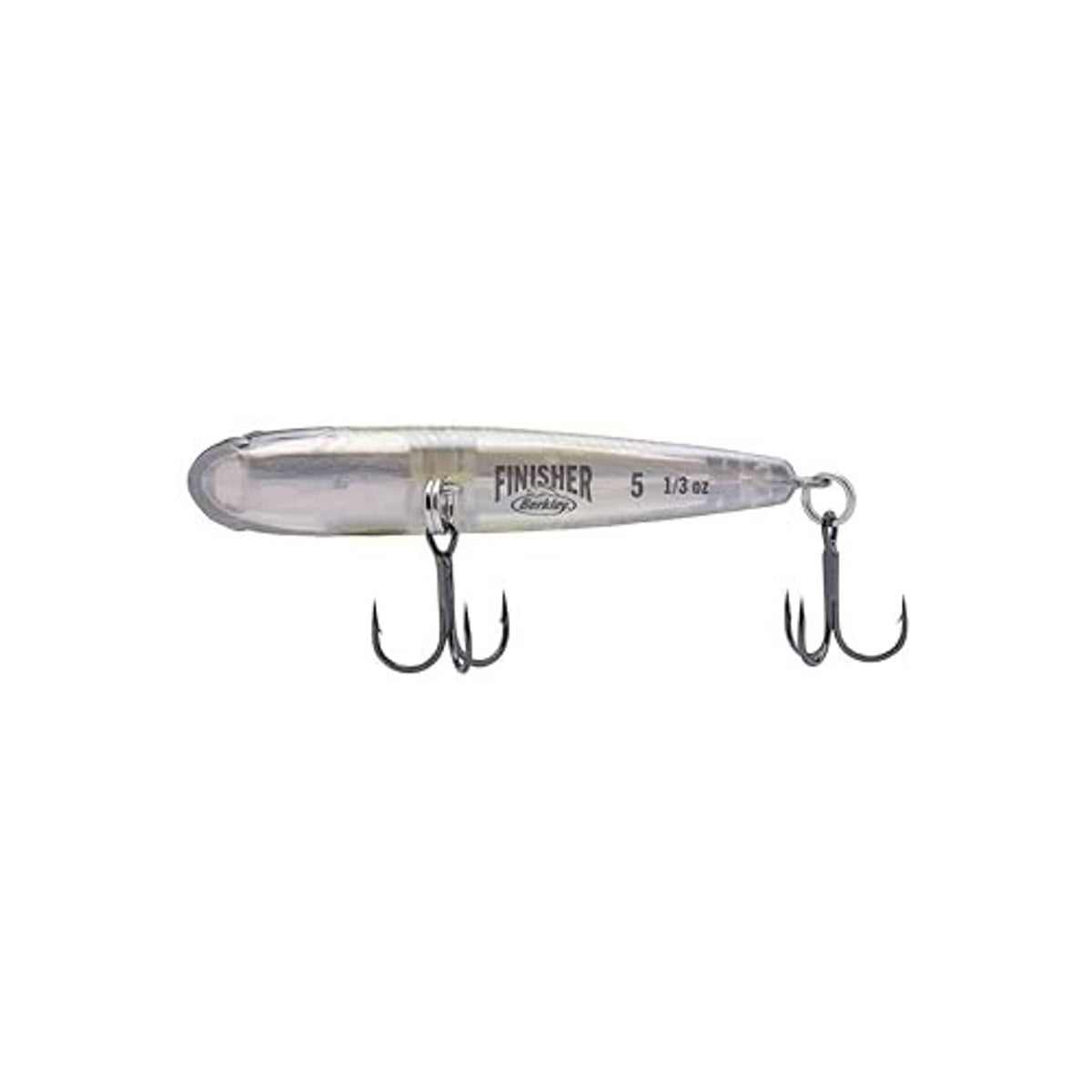 FINISHER fishing lure with clear body and two treble hooks, 5 1/3oz marking