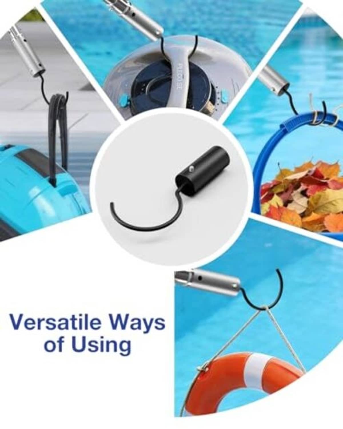 Black pool cleaner hook with curved handle and cylinder base, shown in multiple uses
