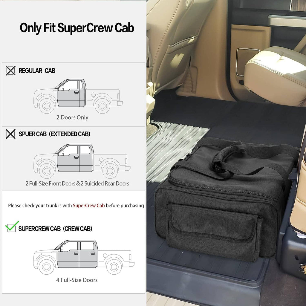 Black under-seat storage bag on truck seat base with zippered compartments