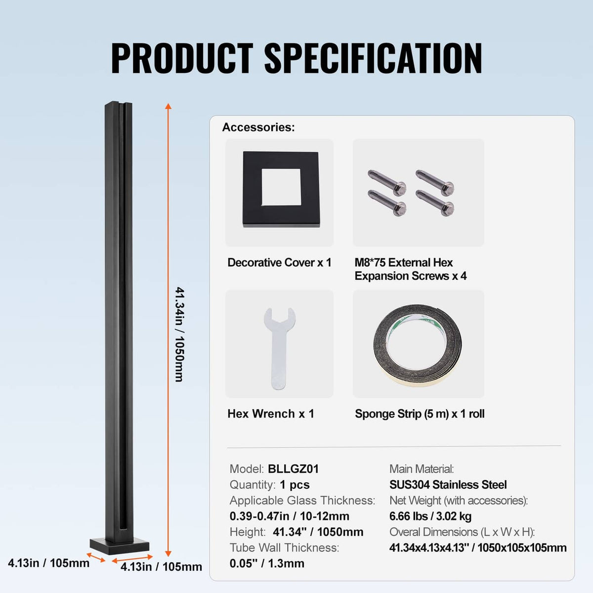 Black glass railing post clamp bracket with cover, hex wrench, screws, sponge strip