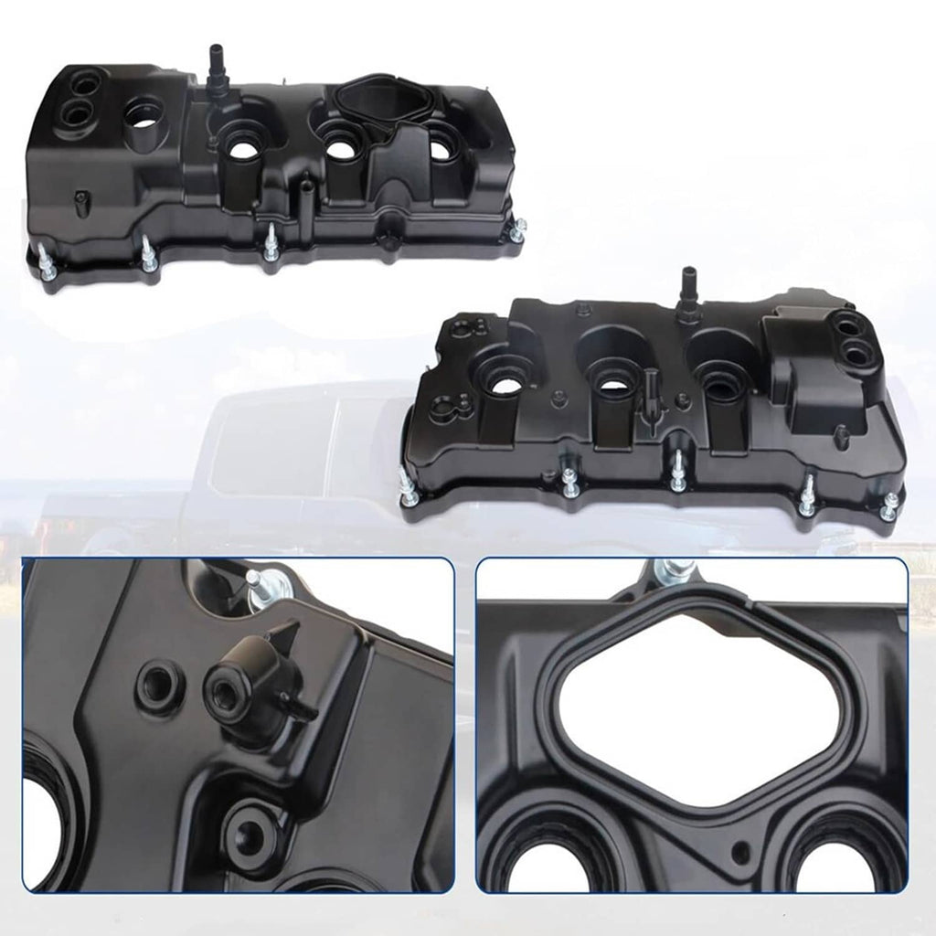 Black engine valve covers set with spark plug tube cutouts and mounting bolts
