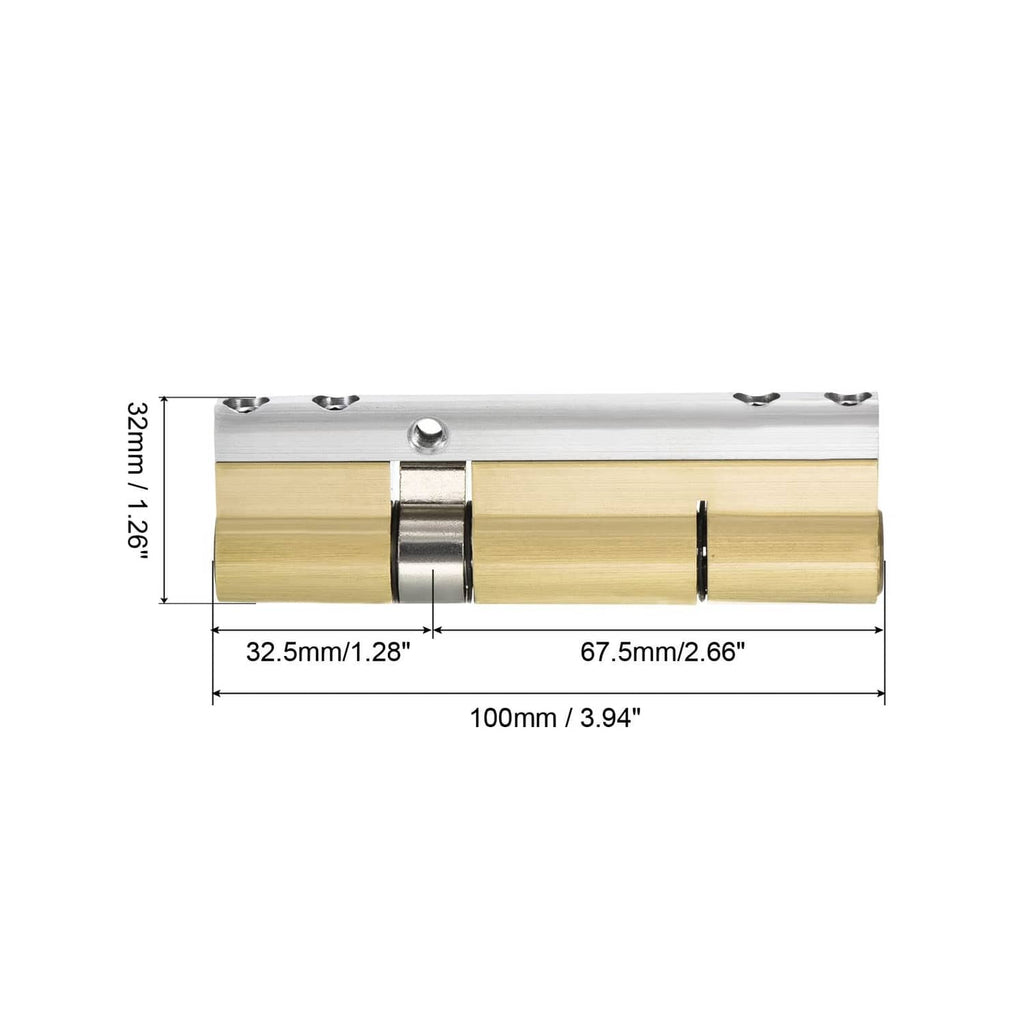 Brass cylinder lock with silver base, shown with size dimensions for 100mm overall