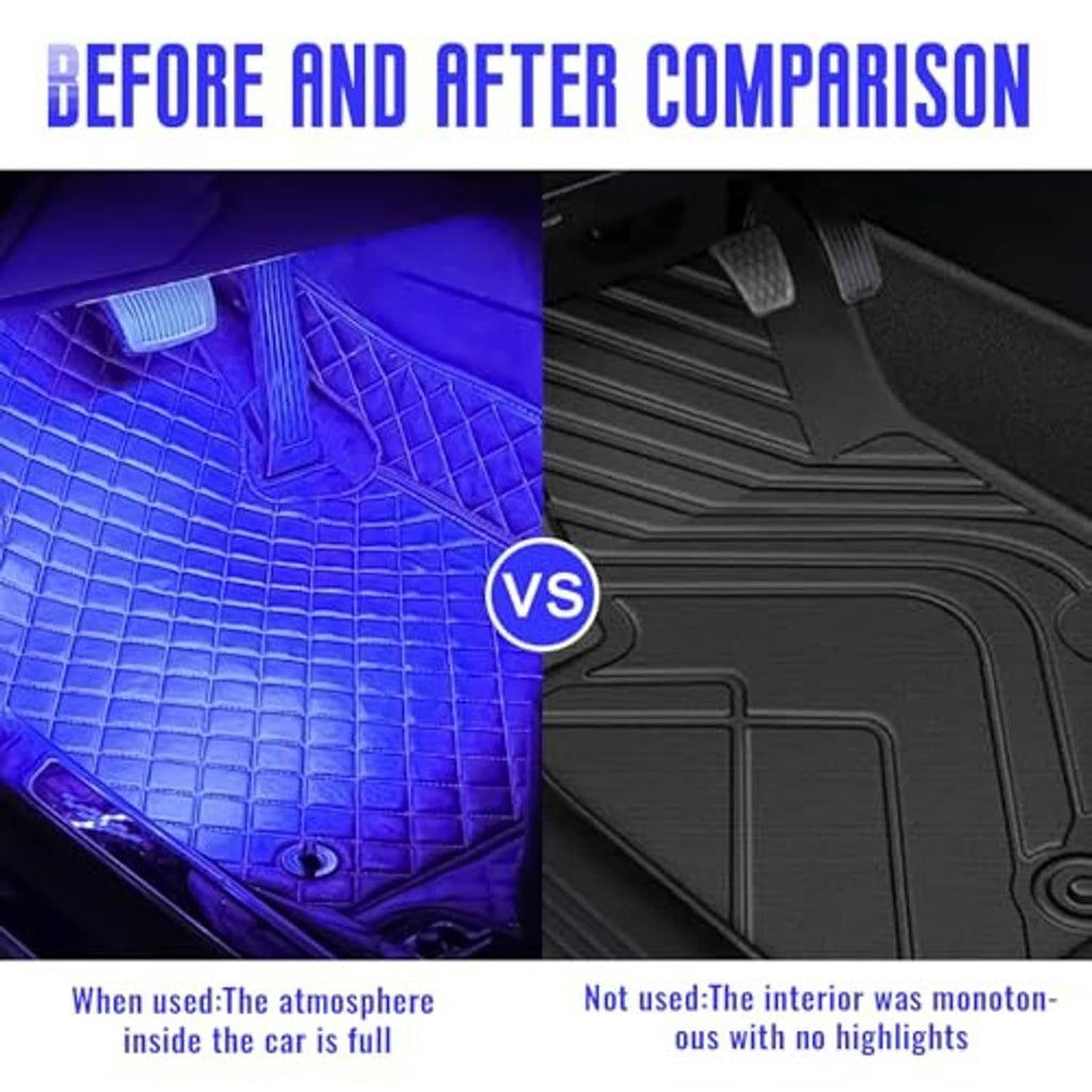 Two-panel comparison graphic showing blue LED floor mat lighting vs dark mat