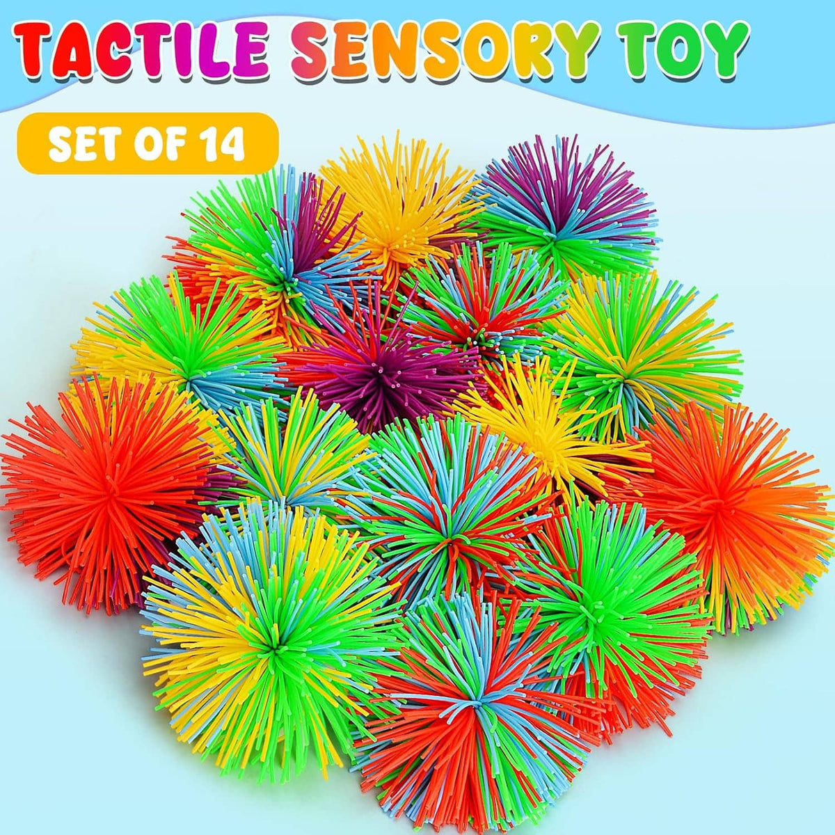 Set of 14 rainbow fuzzy pom stress balls, tangled stringy texture