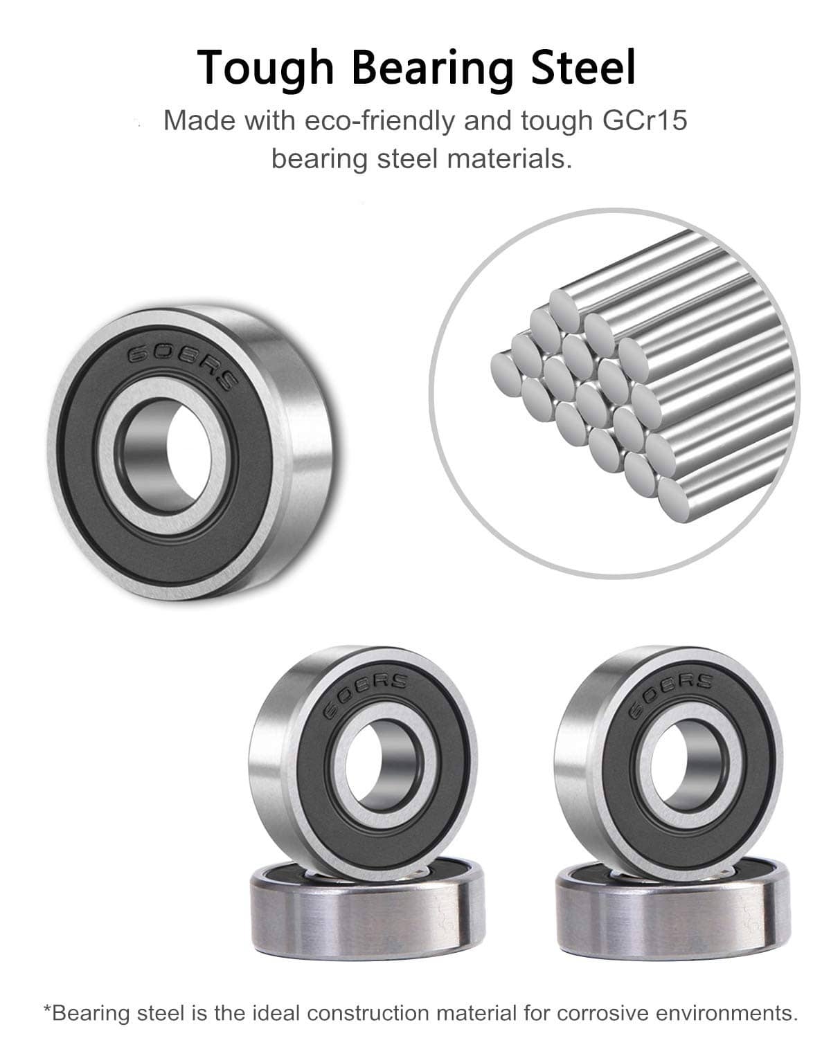 608 2RS steel ball bearing with double rubber seal and internal roller details