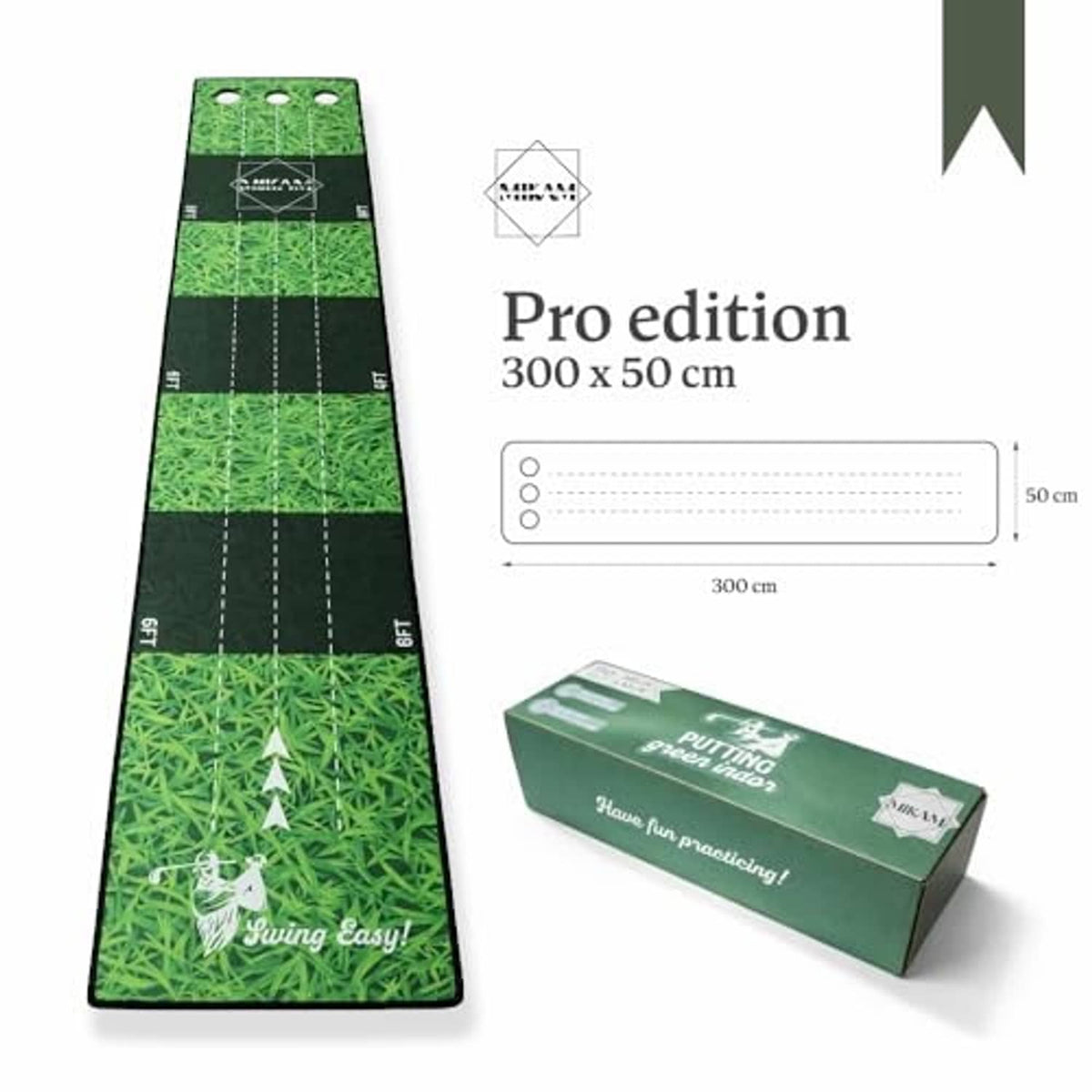 Golf putting mat and box: green grass texture with alignment grid and practice holes, 300x50 cm