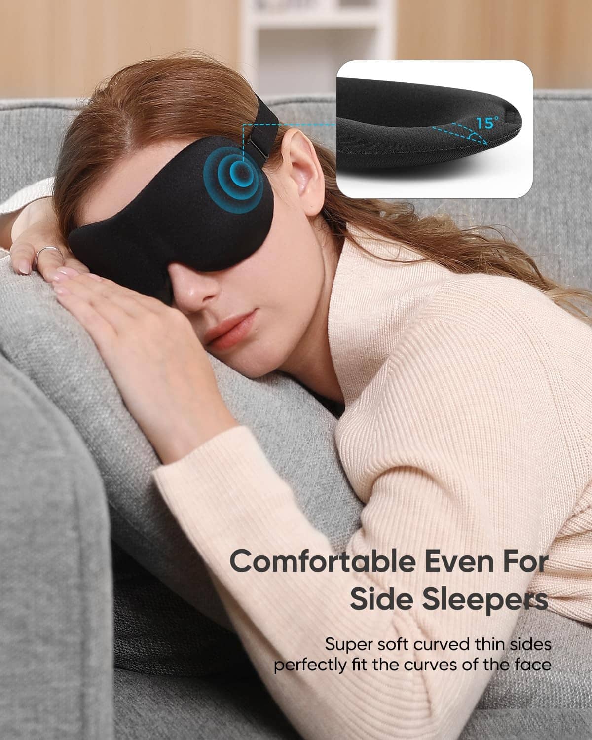 Black sleep mask with soft eye cups and adjustable side straps