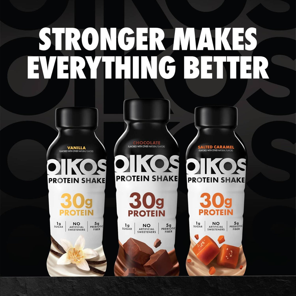 Oikos protein shake bottles in chocolate and caramel flavors, 30g protein, 4-pack