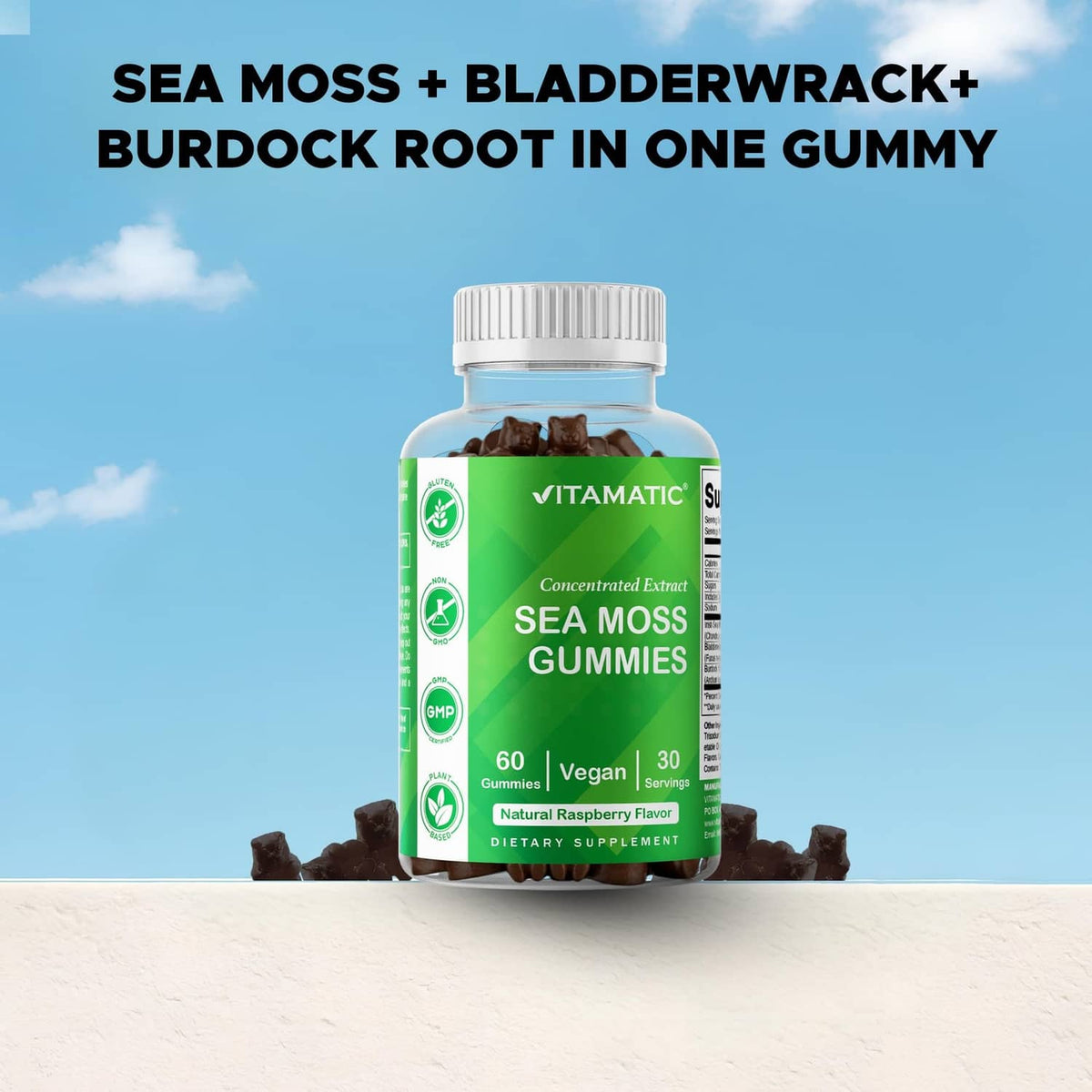 Sea moss gummies bottle with green label, dark gummies and sea moss formula wording