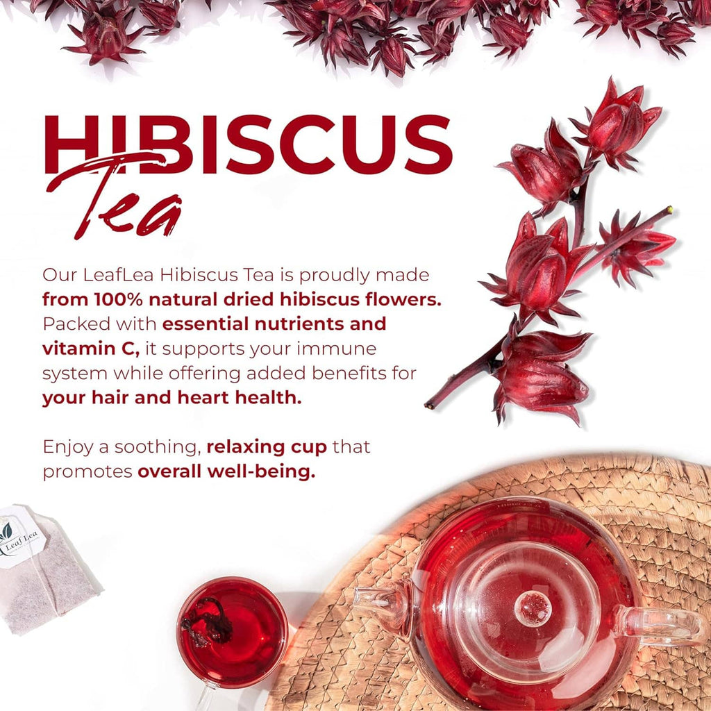 Hibiscus tea promotional graphic with cup of red herbal tea and tea bag packets