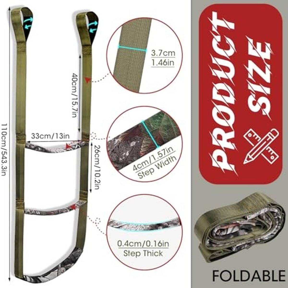 Three-step camo strap ladder with measured step spacing and strap width close-up