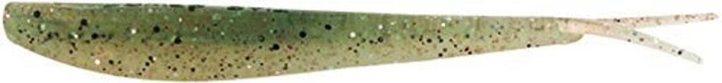 Speckled green soft swimbait lure, side view with long tail