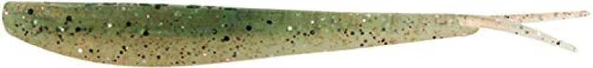 Speckled green soft swimbait lure, side view with long tail