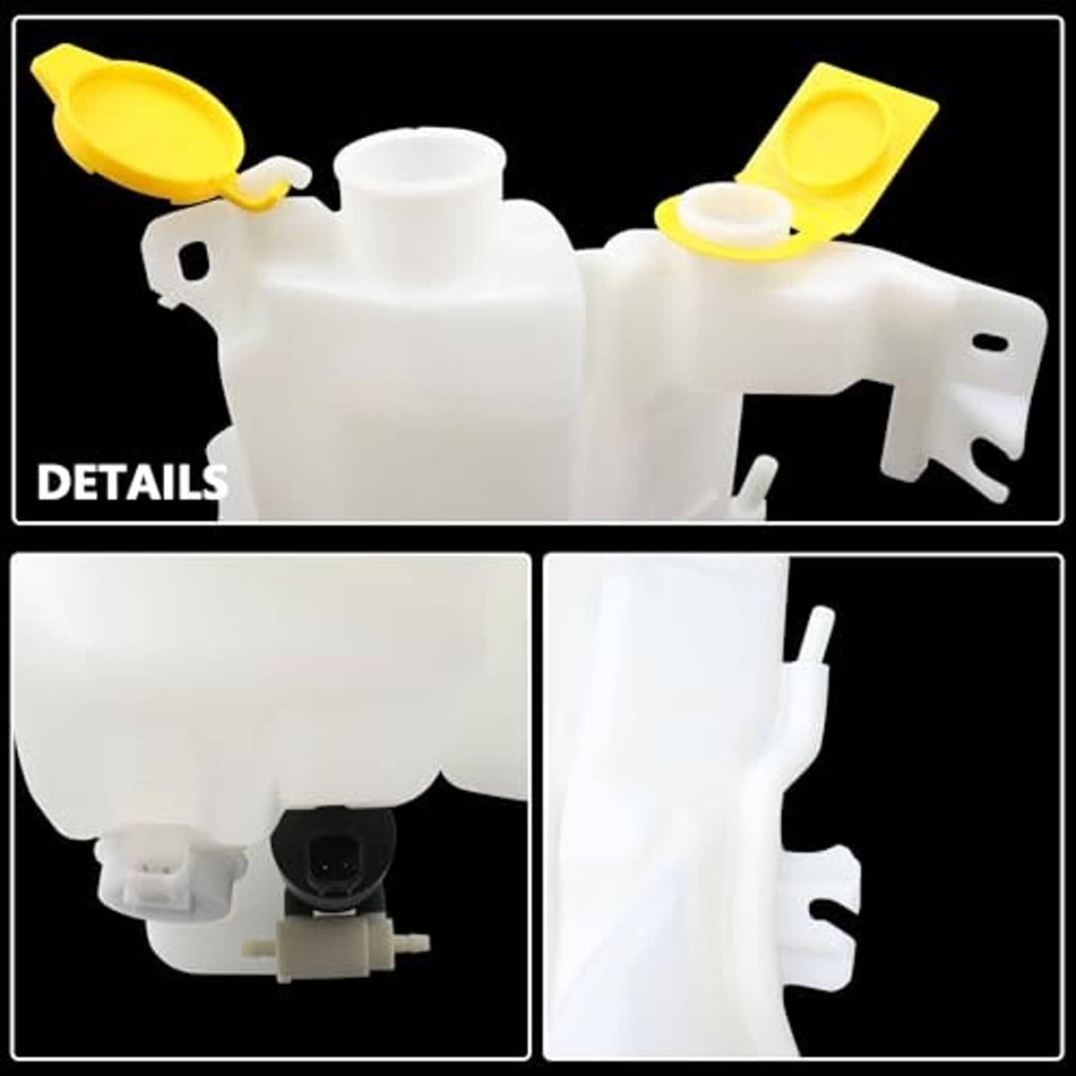 White coolant reservoir close-up with yellow cap inserts