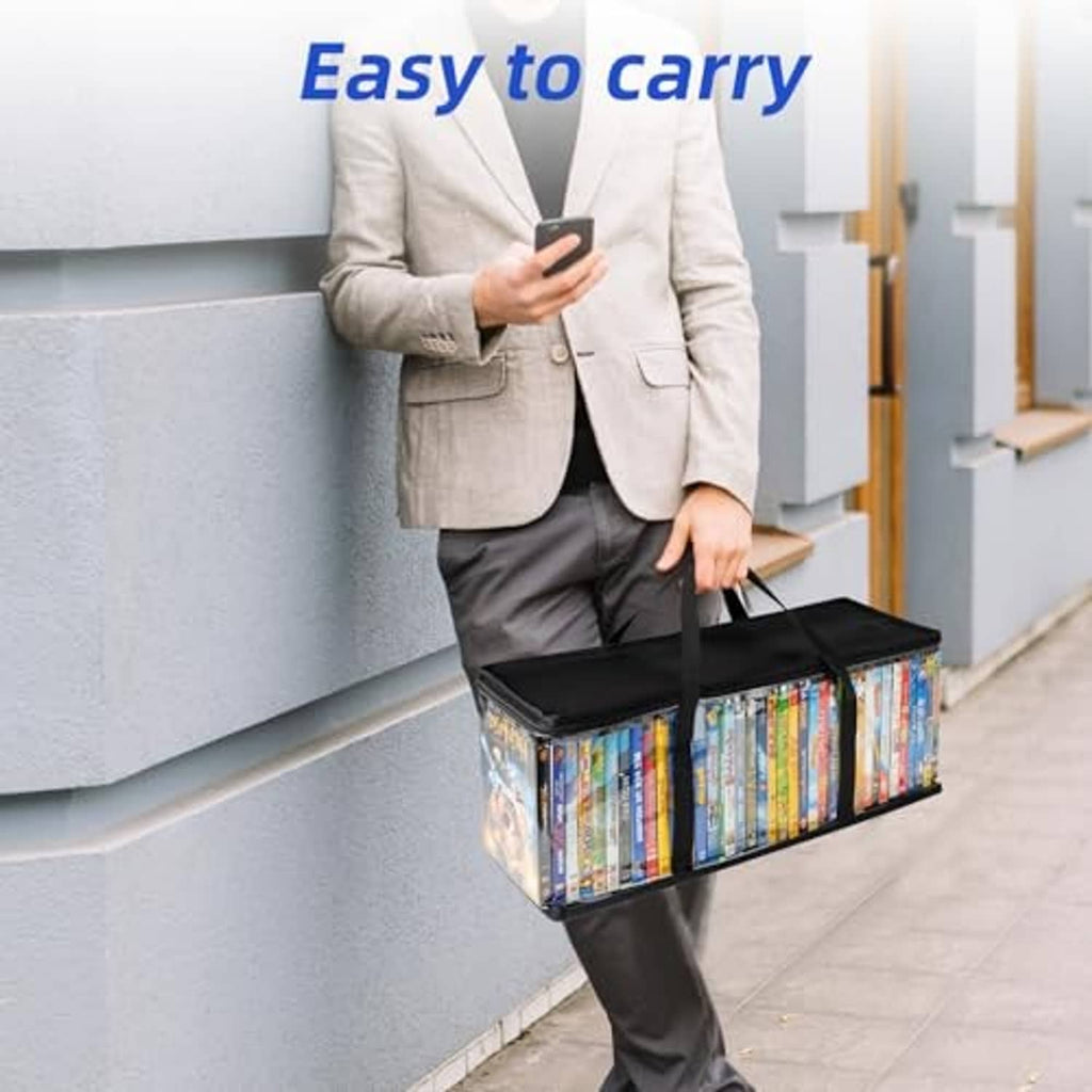 DVD storage bags with clear panels and black carry handles