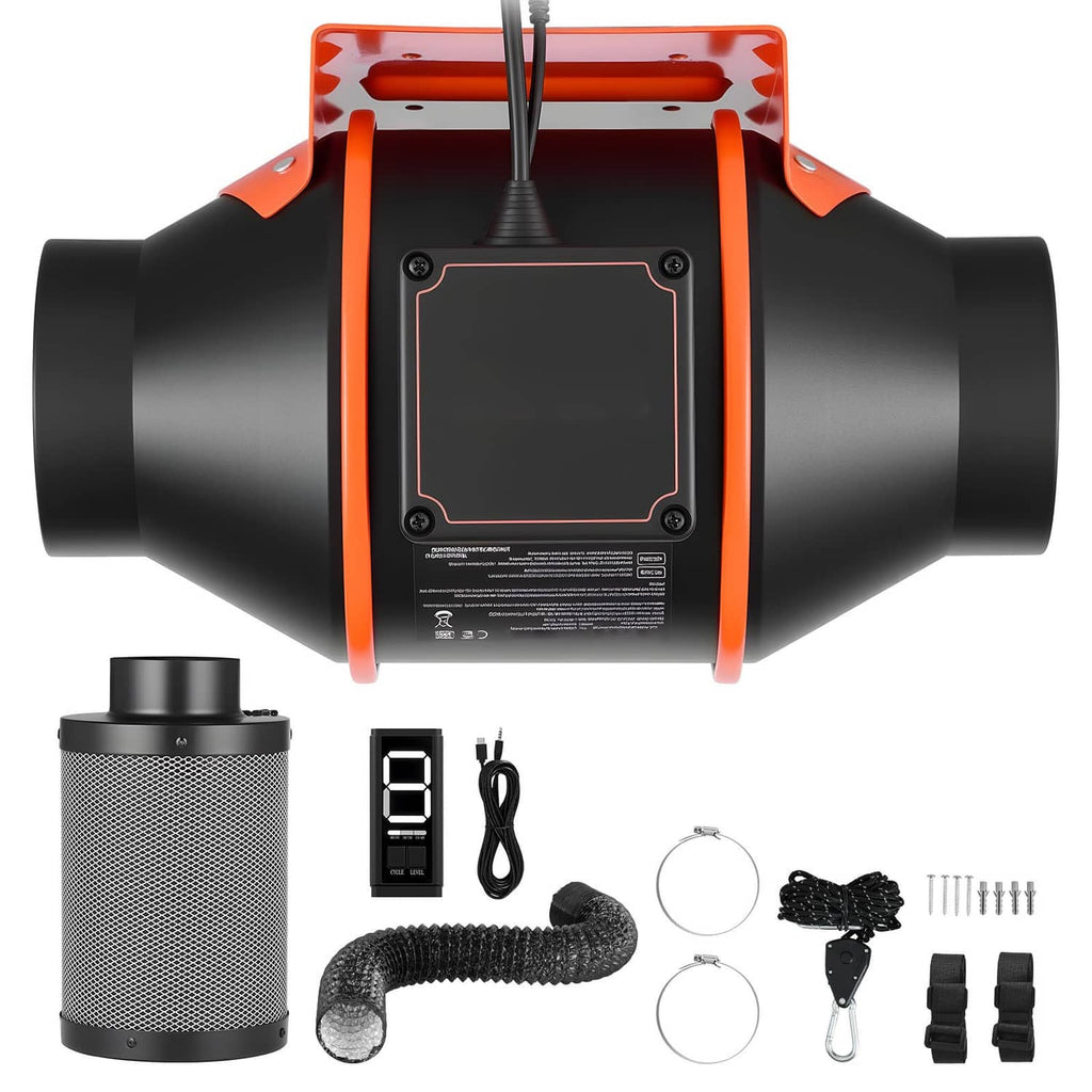Inline ventilation fan front view with orange frame, plus remote control and duct accessories.