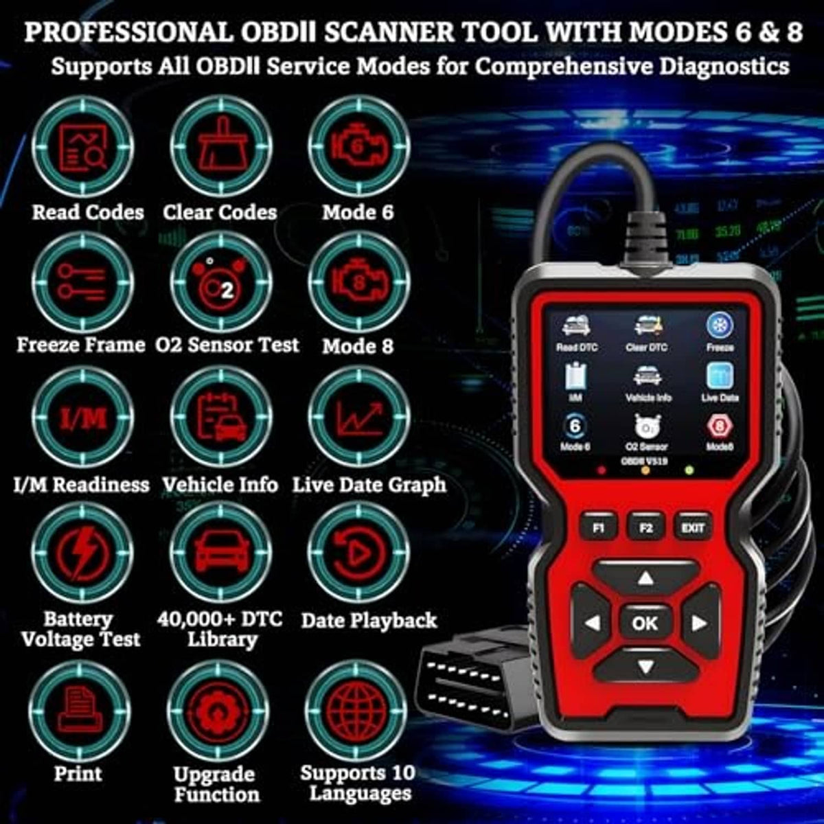 OBD2 scanner on blue circuit background, red body with screen and mode icons
